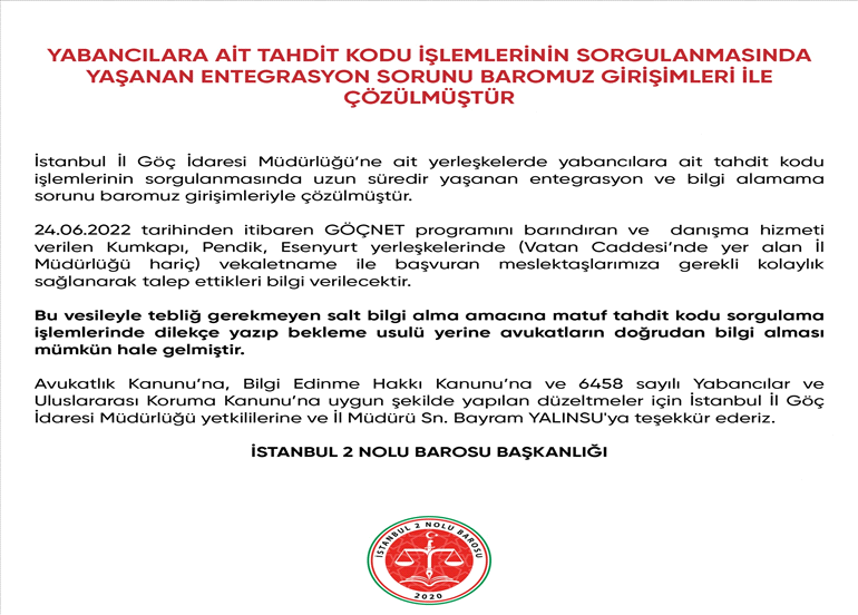 YABANCILARA AİT TAHDİT KODU SORGULANMASINDAKİ SORUN ÇÖZÜLDÜ
